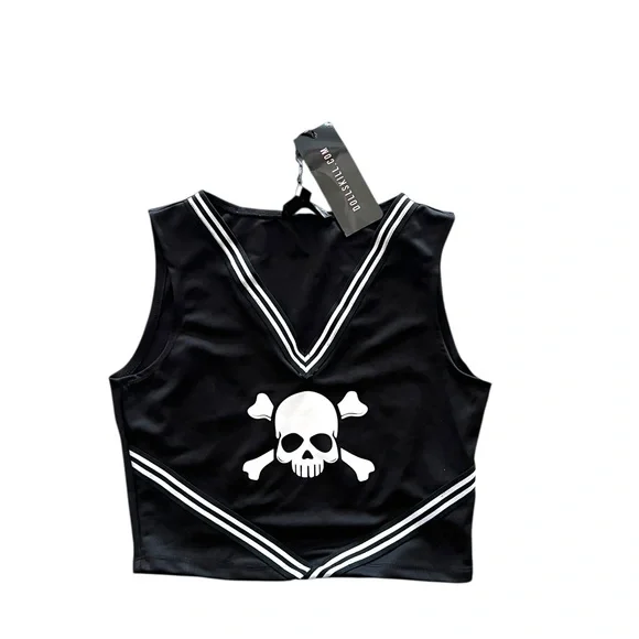 NWT Dolls Kill Black Skull and Crossbones Crop Top - Picture 1 of 3